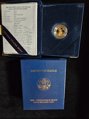 🌟 Moneda American Gold Eagle 2003 $5 1/10 oz PRUEBA BU SIN CIRCULAR con certificado de autenticidad Foto 1 de 3