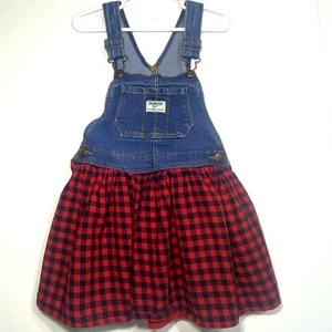 Oshkosh B'Gosh Vestbak 5T Denim Overall Jumper Dress Red Black Buffalo Check - Picture 1 of 9