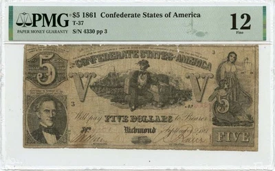 1861 $5 Confederate States of America T-37 CSA PMG F12 - Image 1 of 2