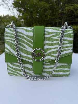 Michael Kors Greenwich Small Flap Crossbody Jungle Green Zebra Print Mk Logo Bag - Image 1 of 4