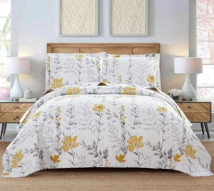 Quilt Set Queen Floral Bedspread Coverlet Queen/Full, Yellow Leaves  - Picture 1 of 8