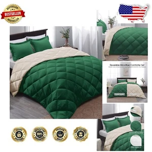 King Size Down Alternative Comforter Set - Reversible Forest Green Elegance - Picture 1 of 8