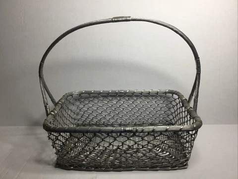 Vintage Aluminum Wired Woven Fruit Basket With Handle Cover
