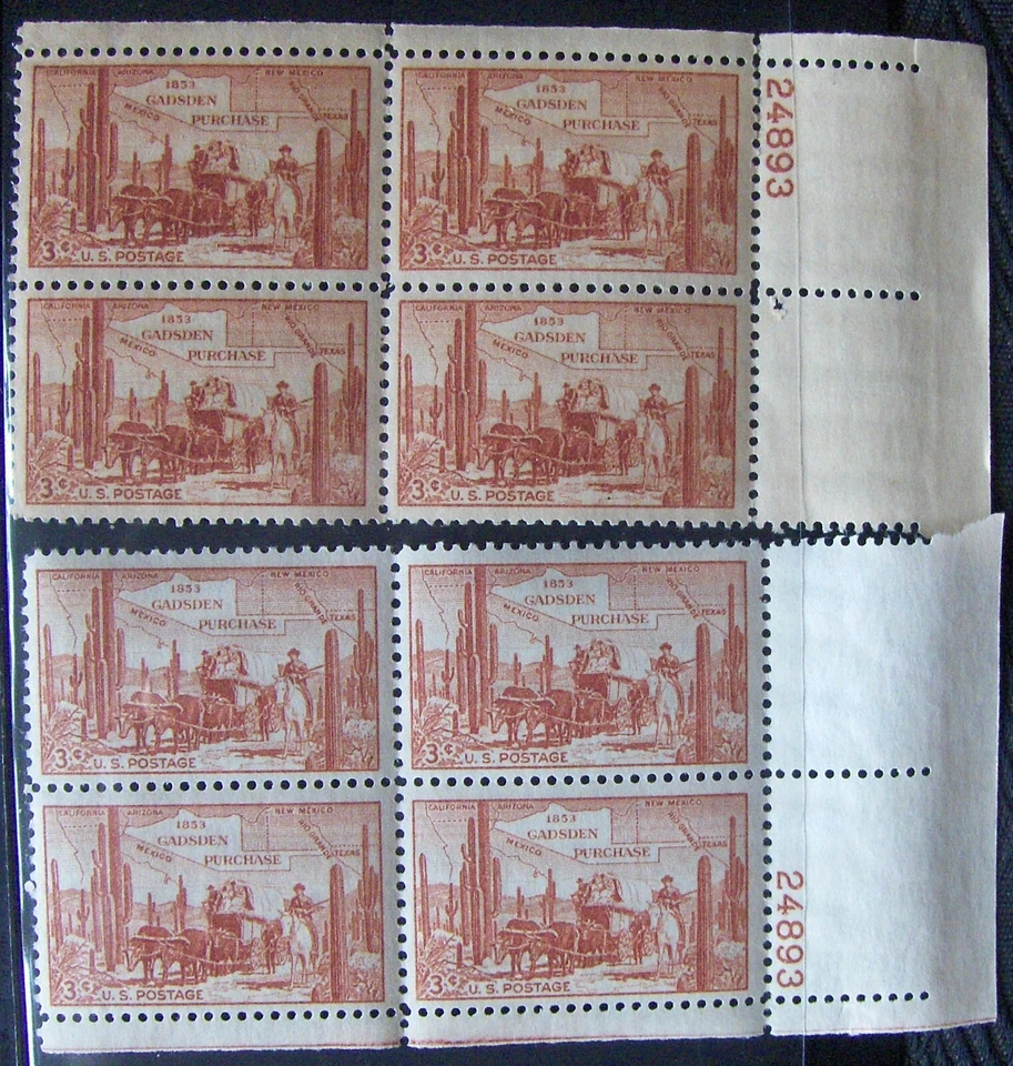 US 3¢ stamp SC #1028 Gadsden Purchase MNH 1953 2 plate blocks with same number - Image 1 of 1