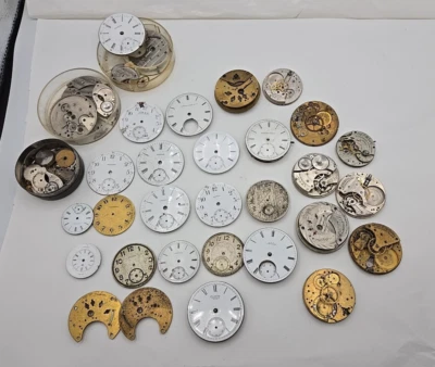 Vintage Lot/30 Waltham USA Assorted Pocket Watch Parts, Partial Movements, Dials - Image 1 of 4