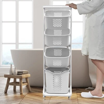 4 Tier Wheeled Laundry Hamper Rolling Plastic Basket Laundry Cart Portable - Image 1 of 4