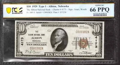 1929 $10 ALBION NATIONAL BANKNOTE FR.1801-1 NEBRASKA PCGS GEM UNC 66 PPQ (382A) - Image 1 of 2