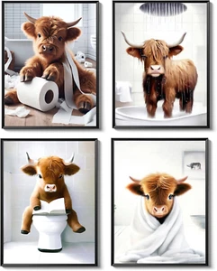 Funny Bathroom Highland Cow Wall Art, Brown Cute Cow Animal Canvas Posters Print - Picture 1 of 12