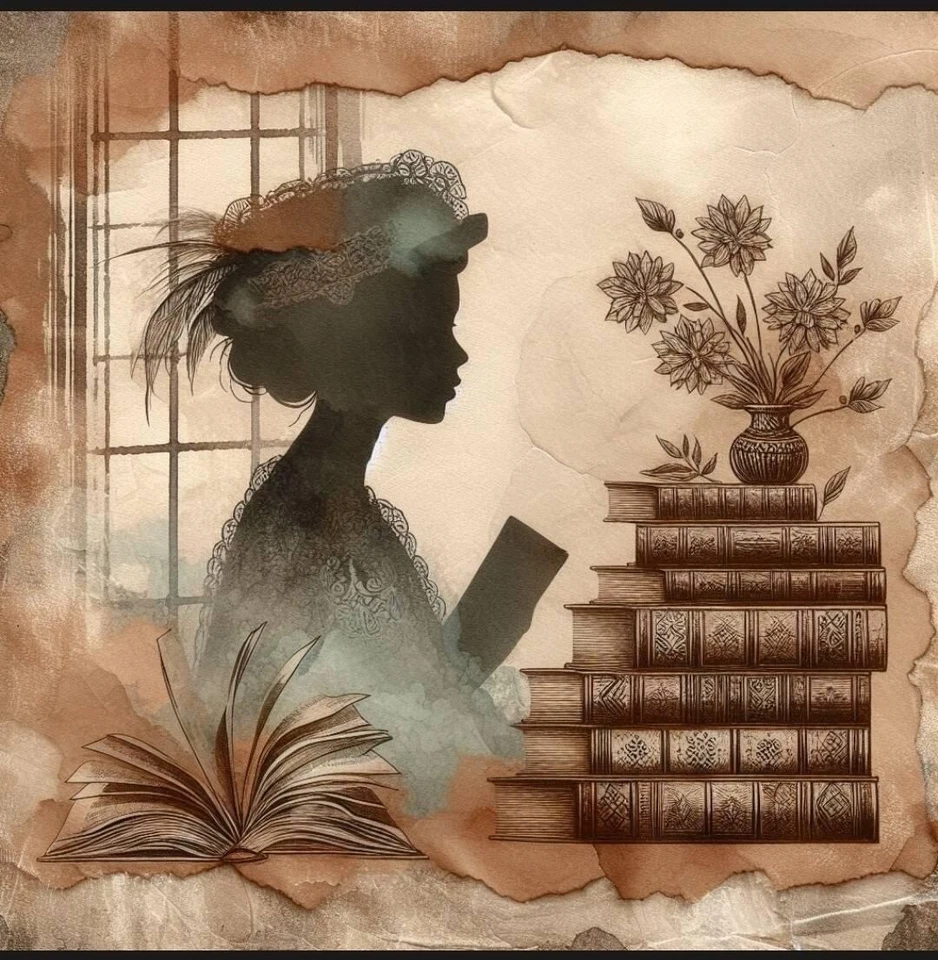 Sepia Vintage Woman w. Books #3 - 8x8 Craft & Quilt Cotton Fabric Block - Image 1 of 1