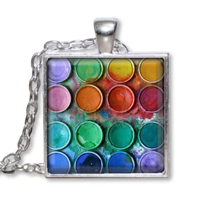 Painter's Colorful Palette Pattern Handmade Square Glass Pendant Necklace 25mm - Picture 1 of 9