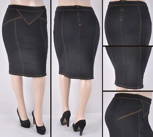 WOMEN plus size calf length skirt 26" skirt stretch Black denim wash #SG-77116X - Picture 1 of 5