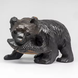 Japanese Hand Carved Wood Bear Clenching Salmon Ainu Japan Vintage Collectible - Picture 1 of 12