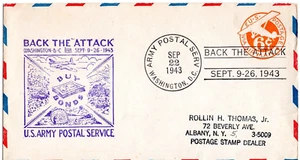 1943 US ARMY POSTAL SERVICE WWII PATRIOTIC COVER w "BACK THE ATTACK" CACHET GEM! - Bild 1 von 1