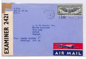 USA WW2 Clipper Air NYC *VTM* GB AGENT Merton College OXFORD UNIVERSITY YL247 - Picture 1 of 10