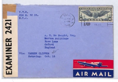 USA WW2 Clipper Air NYC *VTM* GB AGENT Merton College OXFORD UNIVERSITY YL247 - Image 1 of 4