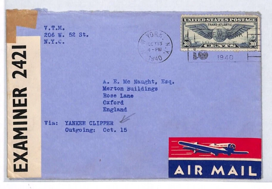 USA WW2 Clipper Air NYC *VTM* GB AGENT Merton College OXFORD UNIVERSITY YL247 - Image 1 of 4