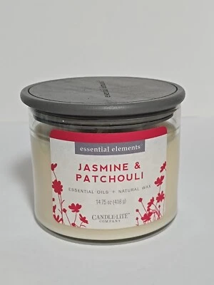 Tarro de 3 mechas Candle Lite Essential Elements vela jazmín pachulí 14,75 oz. NUEVO Foto 1 de 2