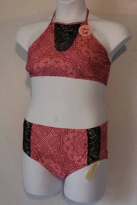 Womens 2pc Swimsuit Set Plus Size 2X High Neck Halter Top High Waist Bottom Pink - Picture 1 of 2