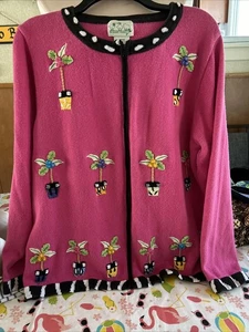 Quacker Factory Sweater Womens  Pink 3D Flowers Art To Wear Embroidered Large - Picture 1 of 5