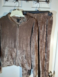 Velour Jogginganzug Set weich bequem hellbraun Damen L/XL Reißverschluss Jacke Beutel  - Bild 1 von 9
