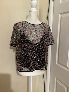 J. Blusa manga corta negra adornada floral con cuentas Crew Collection S - Imagen 1 de 7