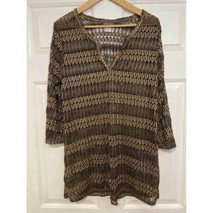 Jordan Taylor Cover Up Knit Open Weave Brown Gold Tunic Top M Flared Sleeve - Picture 1 of 6