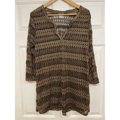 Jordan Taylor Cover Up Knit Open Weave Brown Gold Tunic Top M Flared Sleeve - Image 1 of 4