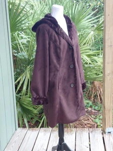Denim & Co Coat Womens 1X Dark Brown Faux Fur Suede Blanket Stitch Front Hooded - Picture 1 of 18