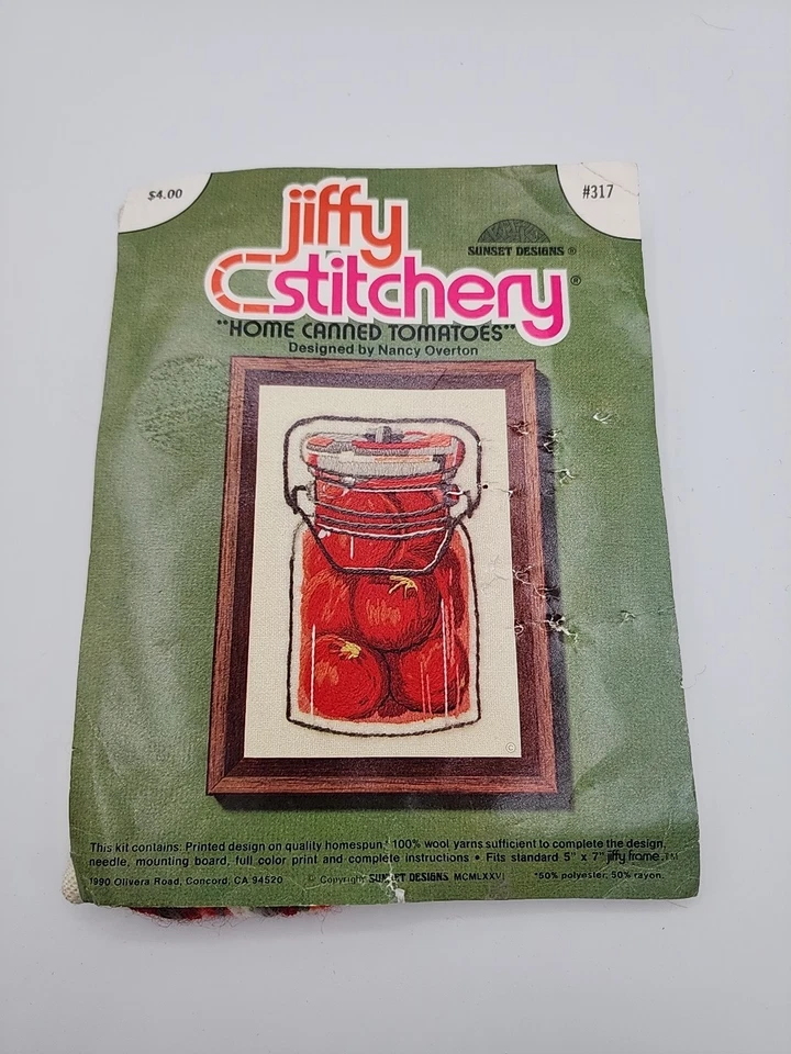 Vintage Jiffy Stitchery Crewel Embroidery Kit Home Canned Tomatoes #317 READ  - Image 1 of 4