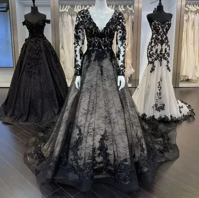 Vintage Black White Wedding Dress V-Neck Long Sleeves Lace Applique Bridal Gowns - Image 1 of 4