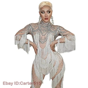 Mono blanco con borla para mujer falso estampado de estrás cantante de baile conjunto de ropa de escenario - Imagen 1 de 15