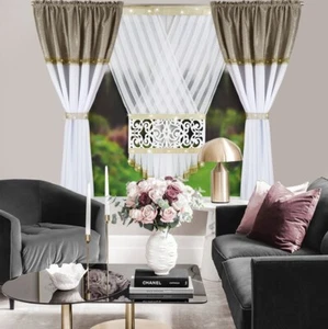 Fertiggardine Vorhäng Cappuccino mit Zirkonia band Gold Voile Paneel 3er Set - Bild 1 von 5