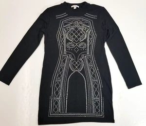 Bodycon Long Sleeve Jersey Knit Dress Embellished Front Black Wms L - Picture 1 of 14