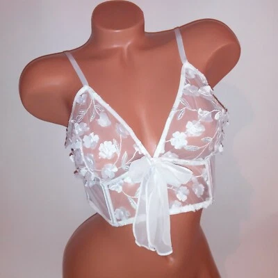 Victoria Secret Bralette Bra XL White Floral Embellished Sheer Long Line Dream  - Image 1 of 4