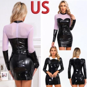Damen Lackleder Minikleid durchsichtig Netz Bleistift Bodycon Cosplay Kostüm - Bild 1 von 34