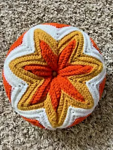Hand Crochet 11" Round Throw Accent Pillow Orange/Gold/White Star Double Sided - Picture 1 of 6