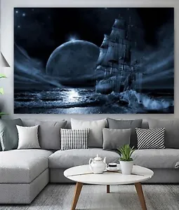 PIRATE SHIP DARK MOON PRINTED DEEP FRAMED CANVAS WALL ART OR POSTER PICTURE - Picture 1 of 5