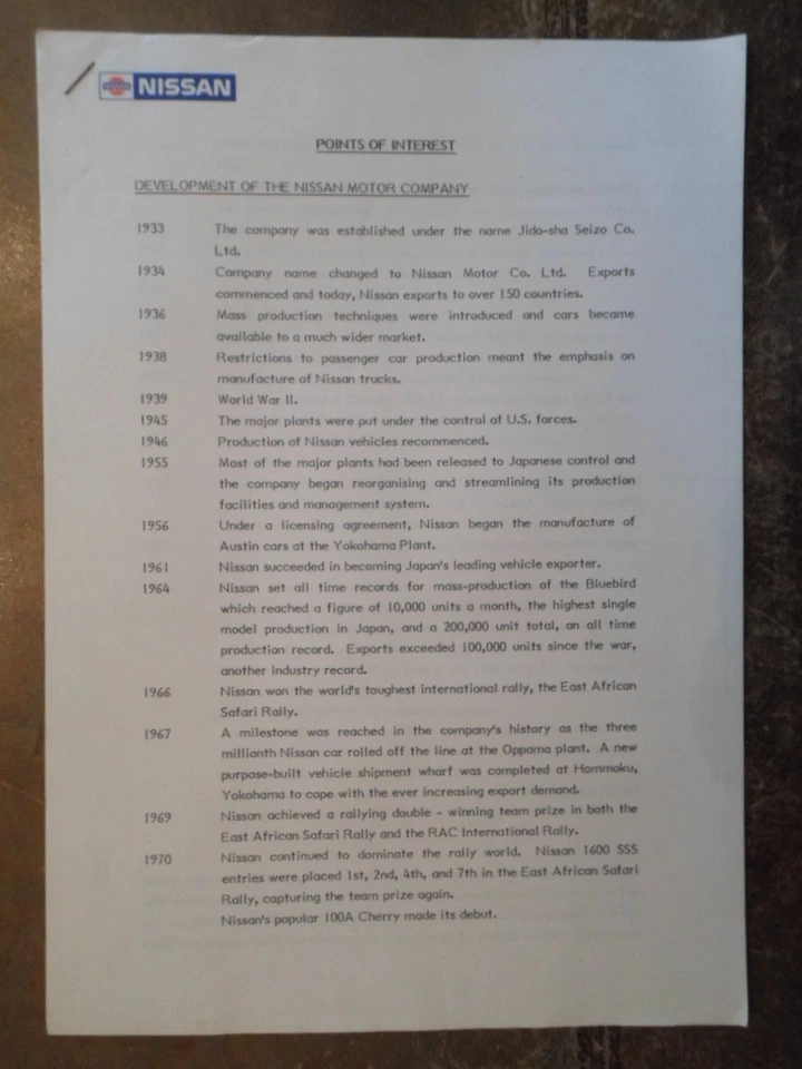 NISSAN HISTORY SPECS & INFO orig 1984 UK Mkt Press or Media Release - Image 1 of 1