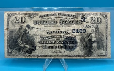 Billete de banco nacional de $20 de 1882 *FECHA* - FORT WAYNE, INDIANA Fr#555 Foto 1 de 4