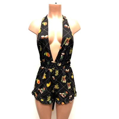Agua Bendita Mujer Negro Floral Halter Cuello Espalda Abierta Verano Mameluco M Foto 1 de 4