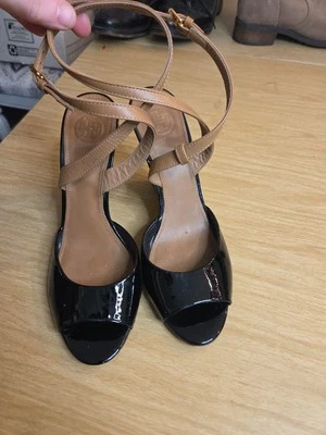 Tory Burch Ashton Black Patent Sculpted Wedge Heels Size 9.5M EUC $249 - Image 1 of 4