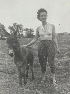 Antique Snapshot Photo Sexy Young Farmgirl & Her Donkey 1940s - Picture 1 of 3