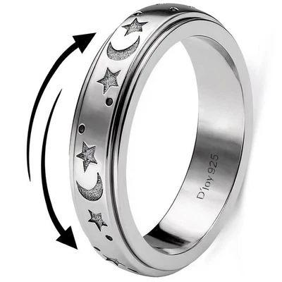 SHOP LC 925 Sterling Silver Spinner Fidget Ring for Women Moon Star Platinum ... - Image 1 of 4
