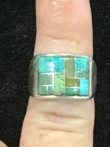 HERRENRING STERLINGSILBER SOUTHWESTERN BLOCK TÜRKIS SIGNIERT DD - GRÖSSE 7 - Bild 1 von 7