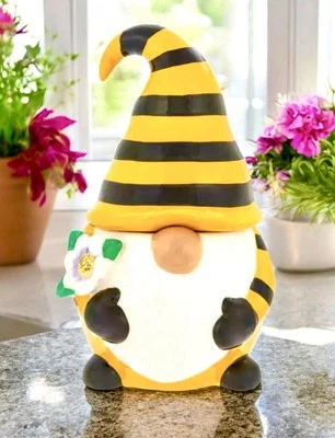 "Frasco de galletas gnomo abeja miel amarillo y negro rayas y flores de abeja 12"" NUEVO Foto 1 de 4