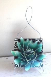 Handmade Airbrush Stencil Teal Water Lily Punk Gallery Wall Art w Wire Hanger - Picture 1 of 6