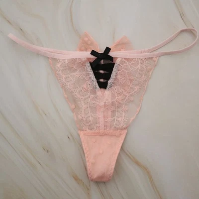 NEW Victoria's Secret VTG 2010s Lace Bow Girly V-String Thong Panty SMALL - Image 1 of 4