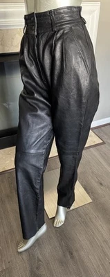 复古 80 年代 Vera Pelle 意大利皮革打褶高腰朋克裤子 EU 46 美国 26 — 第 1/4 张图片