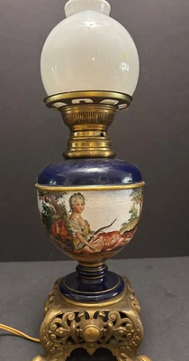 Антикварная итальянская керамика ПРЕОБРАЗОВАННАЯ МАСЛЯНАЯ БАНКЕТНАЯ ЛАМПА с подписью художника CORSI Huntress - Изображение 1 из 4