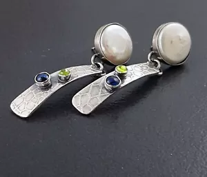 Silver Sapphire Pearl Peridot Zirconia Tassel Earring-Silver Drop Earring - Picture 1 of 5